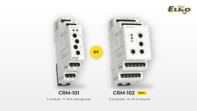 Product renders of the ELKO EP CRM-101 and CRM-102 energy-saving relays
